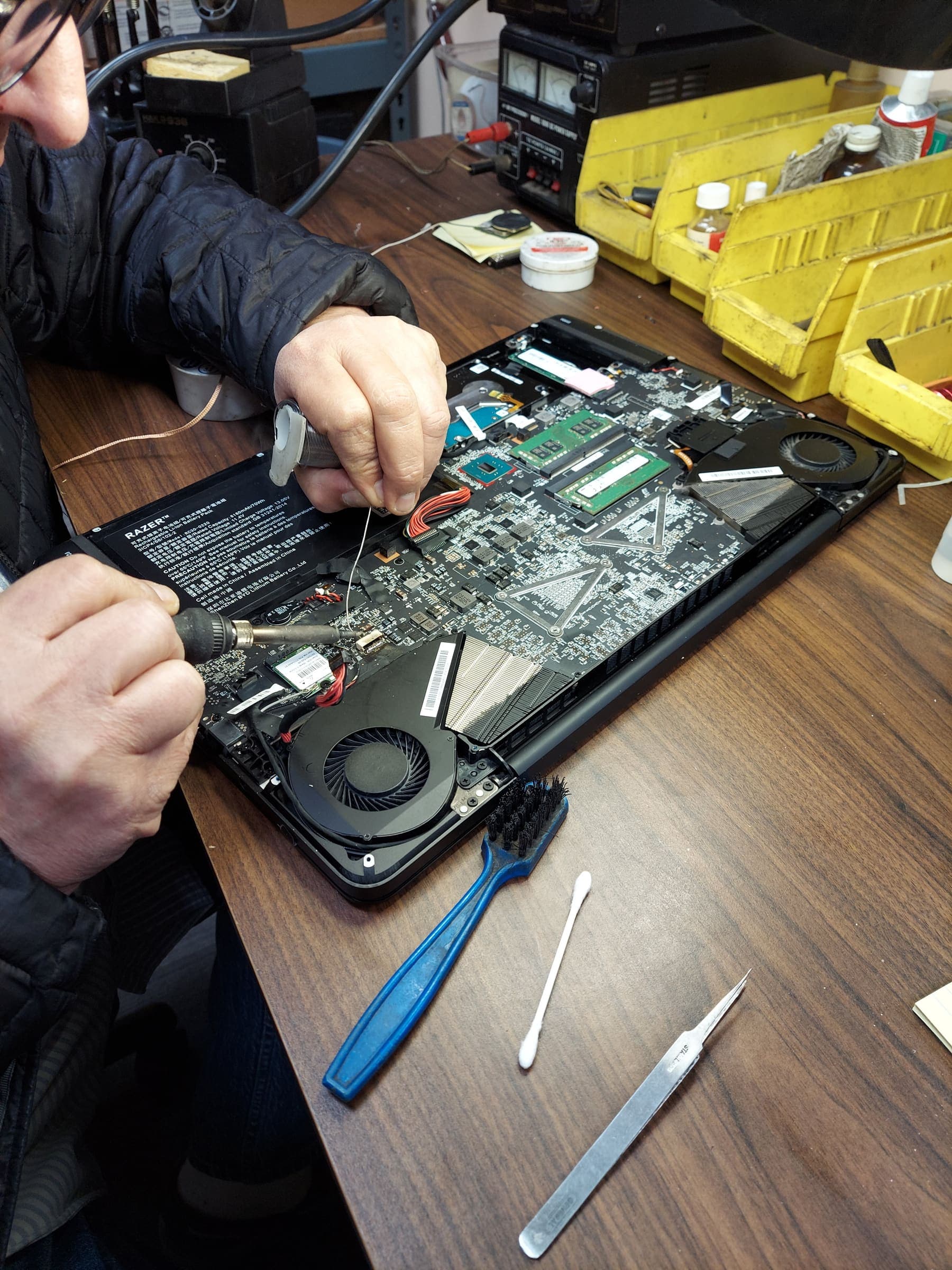 Steve soldering a circuit board at the Technoland workbench in Glendale